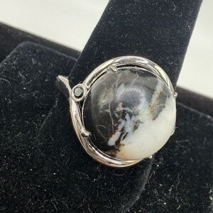 Vintage Modernist UTC 925 Snowflake Obsidian Cabochon Ring Size 11